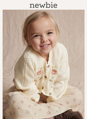 Newbie瑞典进口童装春秋有机棉白色花卉刺绣开衫毛衣温柔百搭柔软