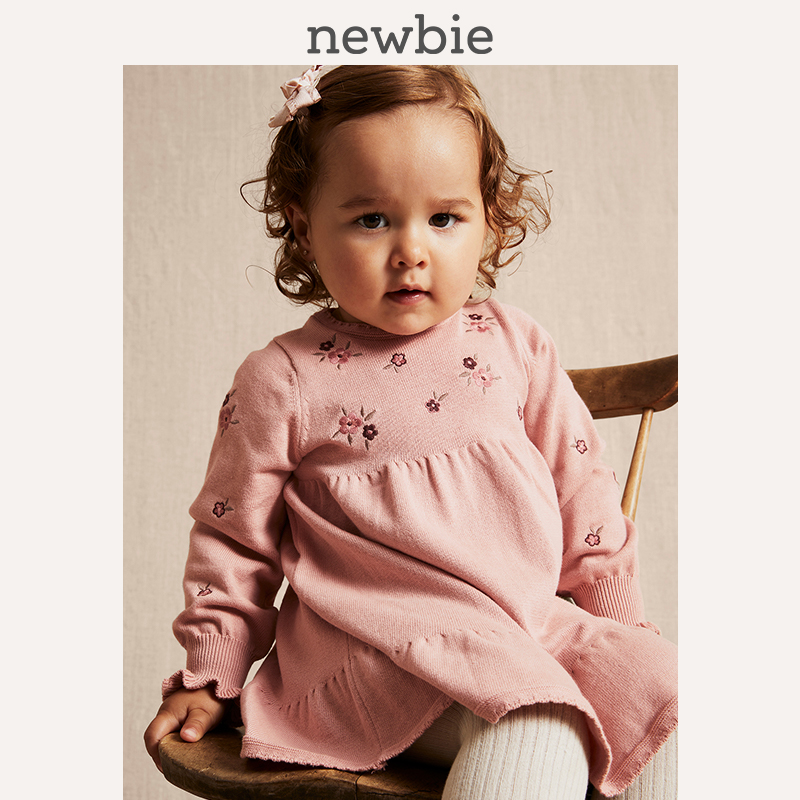Newbie瑞典童装秋冬婴儿裙子粉色花卉针织连衣裙厚款气质公主风