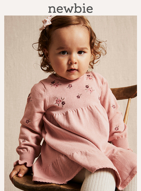 Newbie瑞典童装秋冬婴儿裙子粉色花卉针织连衣裙厚款气质公主风