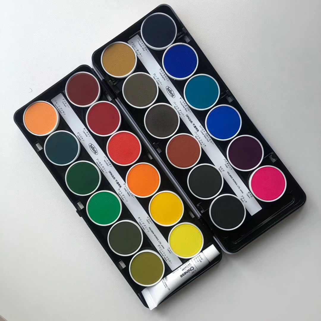 荷尔拜因HB圆盘红盒透明/不透明蛋糕彩12/24色固体水彩颜料红铁盒