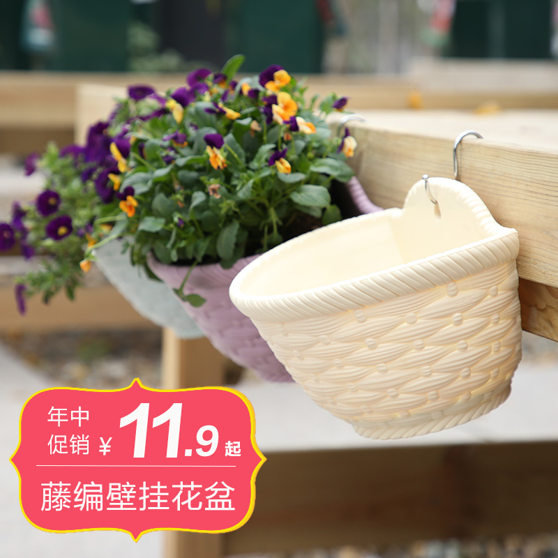 印山 吊兰阳台壁挂式塑料悬挂花盆 绿萝挂墙壁藤编风格加厚挂盆