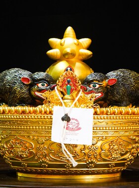 藏式尼泊尔工艺铜鼬鼠吐宝鼠宝瓶供品系列精品古法铜鎏金摆件六寸