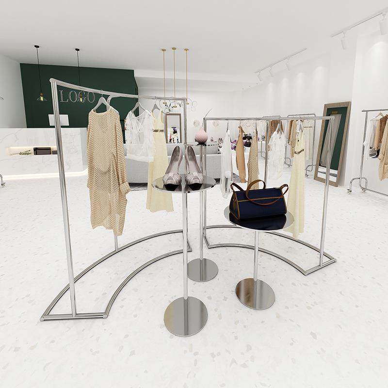 新款直销服装店不锈钢展示架半圆形弧形中岛架侧挂落地式挂衣架高