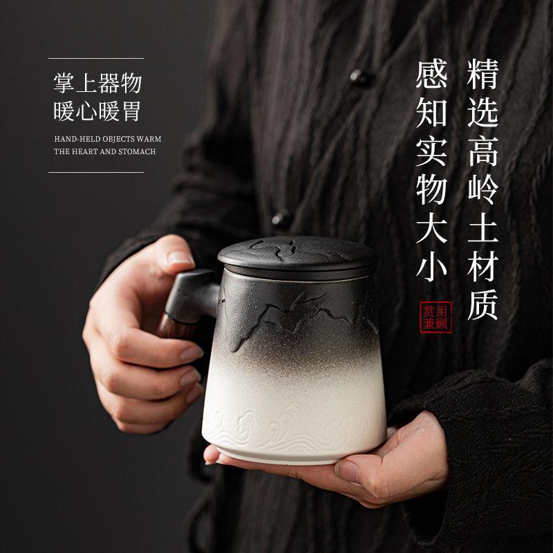 新款直销千里江山创意陶瓷带盖马克杯公室茶水分离茶杯过滤水杯定