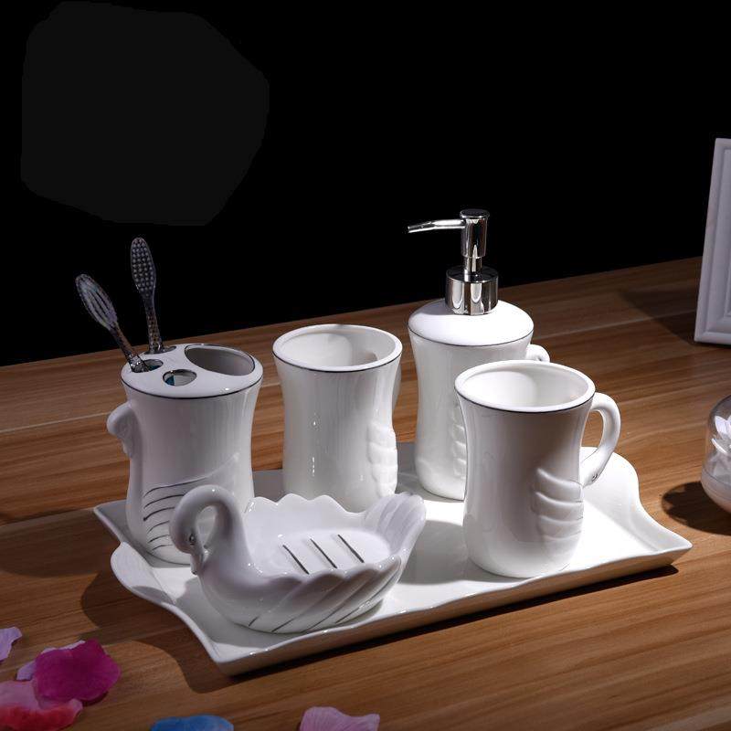 新款直销欧式简约陶瓷卫浴五件套 卫生间浴室用品套件牙具漱口杯