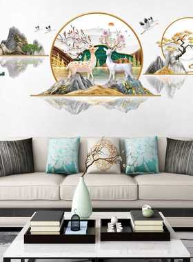 新款直销卉之彩CH69055福鹿双全A国风山水画家居自粘墙贴房间客厅