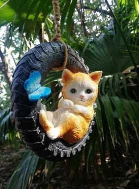 新款直销亚马逊热销花园庭院阳台户外装饰小猫秋千动物吊挂件景观
