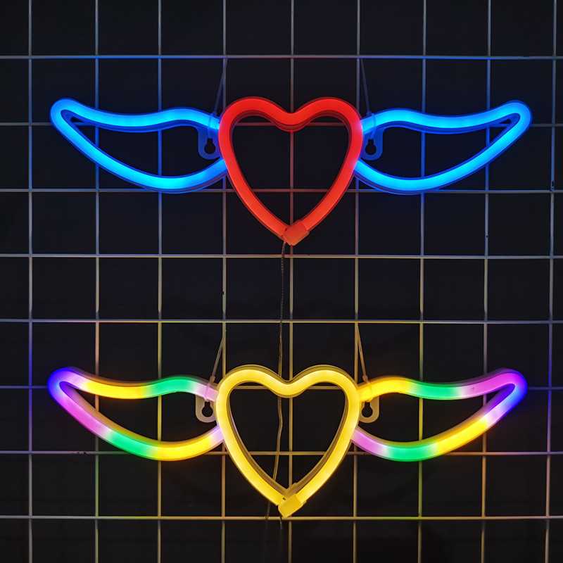 新款直销跨境led爱心翅膀霓虹灯彩灯造型灯氛围网红卧室布置圣诞