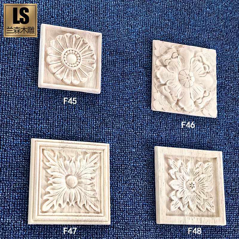 新款直销实木雕刻浮雕方块欧式装饰方形贴片橡胶木柱头花木片雕花