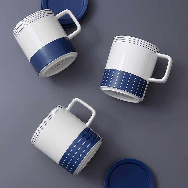 新款直销新款现代简约家用蓝白条纹马克杯带盖 办公室餐厅水杯陶,餐饮具,咖啡杯,淘宝优惠券,粉丝福利购,淘宝优惠卷