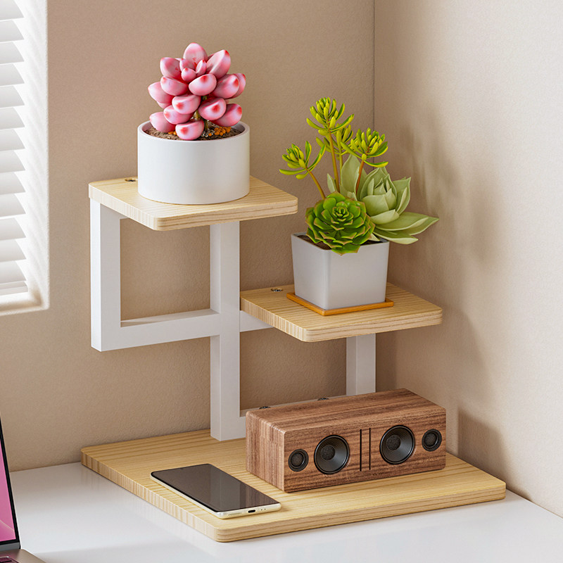 办公室桌面实木置物架装饰小花架