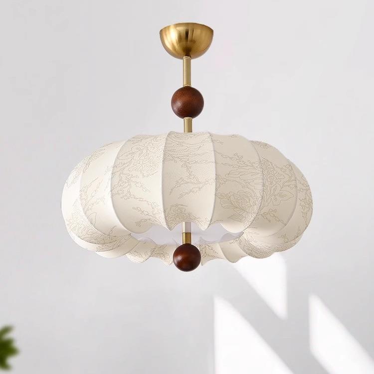 美式复古卧室吊灯侘寂风复古胡桃色实木床头灯法式中古布艺吊灯