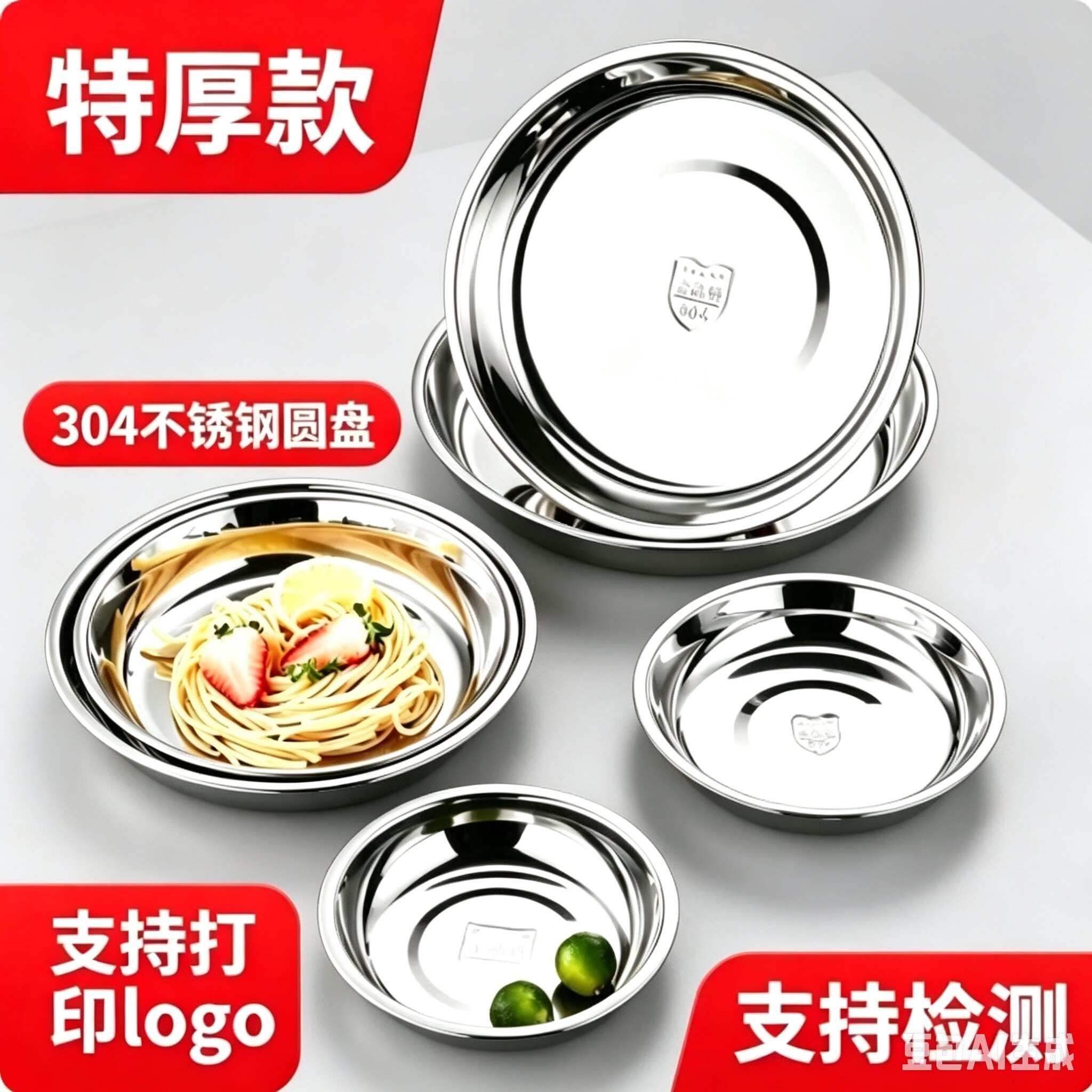 304不锈钢盘子家用圆盘菜盘蘸料小碟食堂餐盘蒸盘果盘饺盘烧烤盘