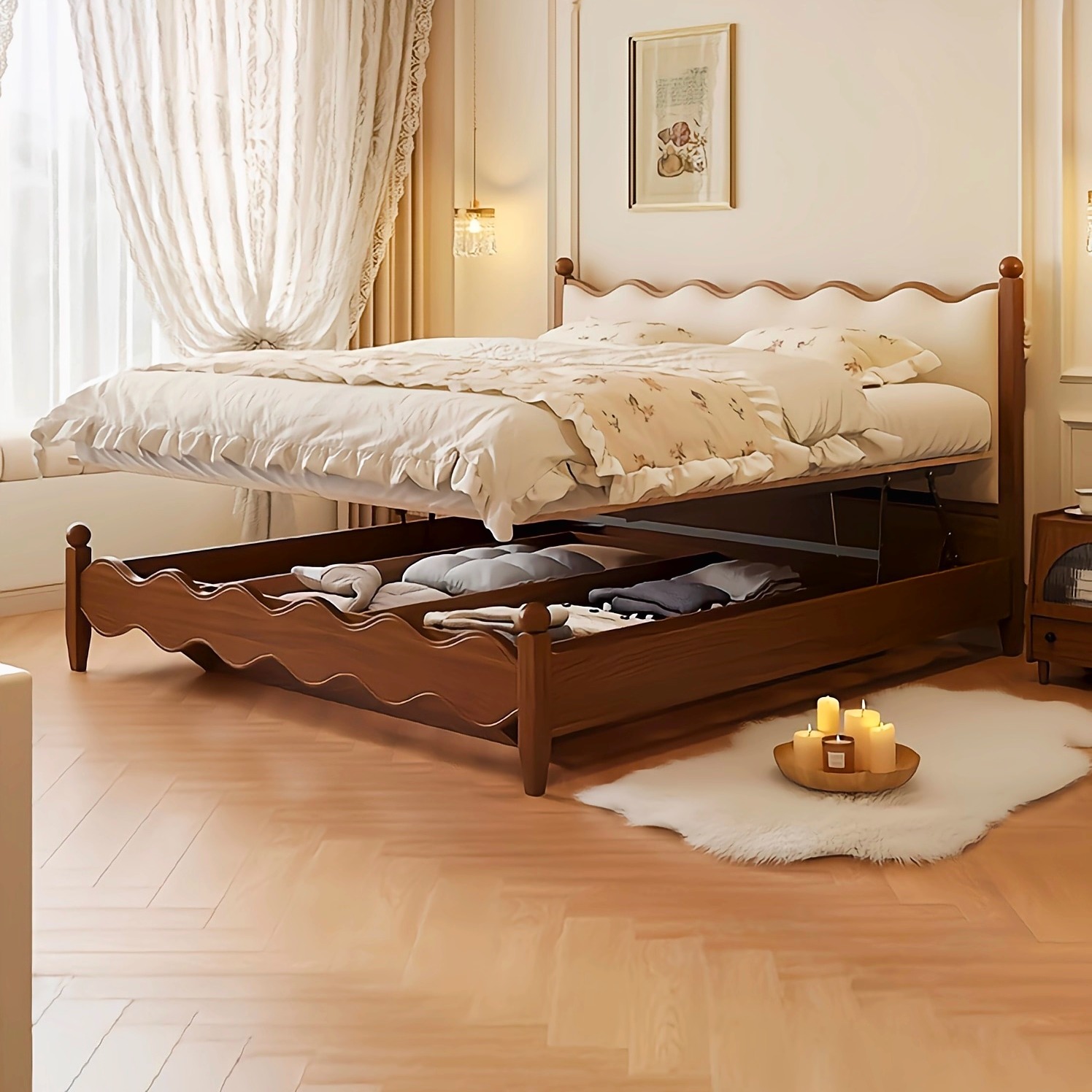 中古风新款实木齐边床软包床法式覆古涟漪床主卧双人床白蜡木婚床