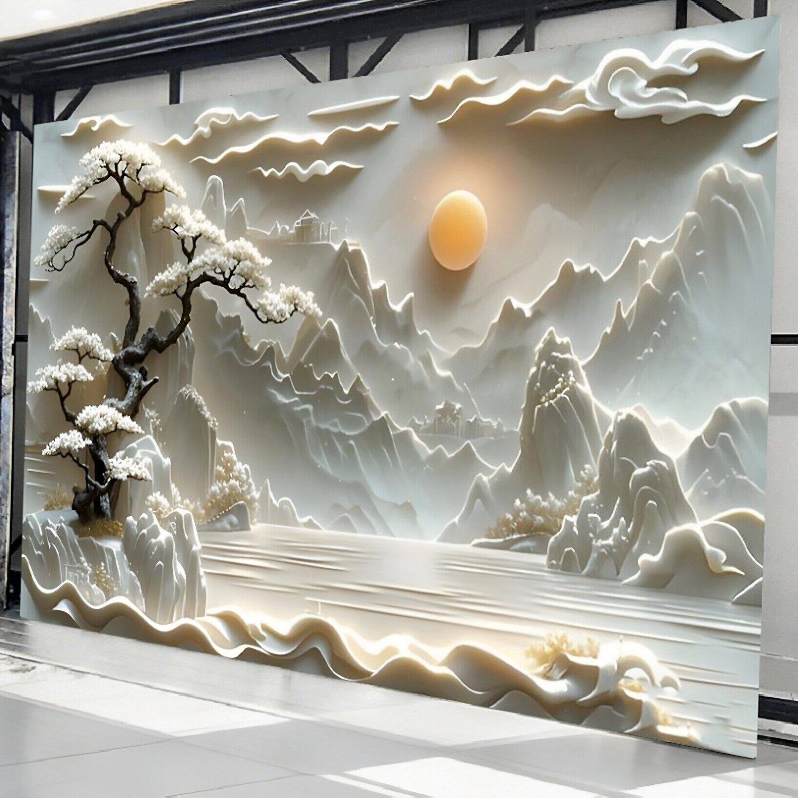 新中式立体3D浮雕山水画墙纸电视背景墙壁纸接待室餐厅办公室壁画