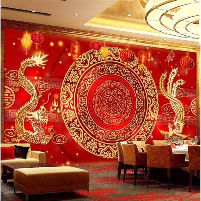 红色喜庆中式龙凤呈祥酒店墙纸婚庆店背景墙布结婚礼服馆旗袍壁纸