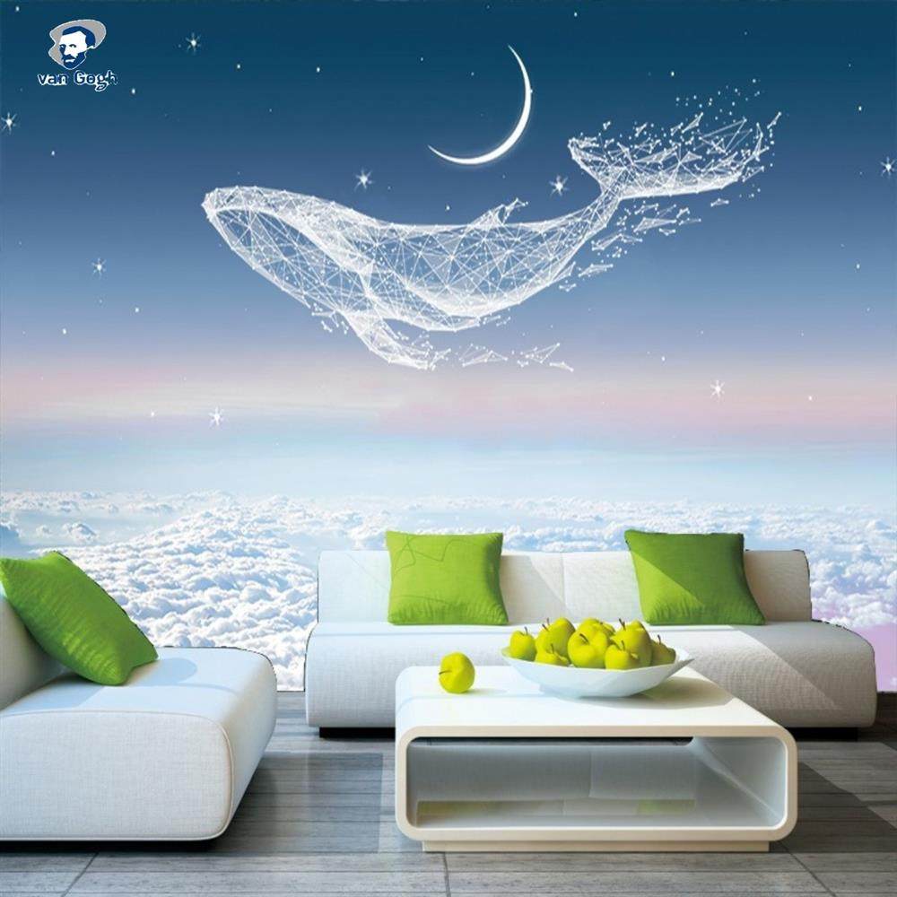 3d北欧梦幻鲸鱼天空墙纸简约抽象电视背景墙壁纸地中海风壁画墙布,家装主材,定制壁画,淘宝优惠券,粉丝福利购,淘宝优惠卷
