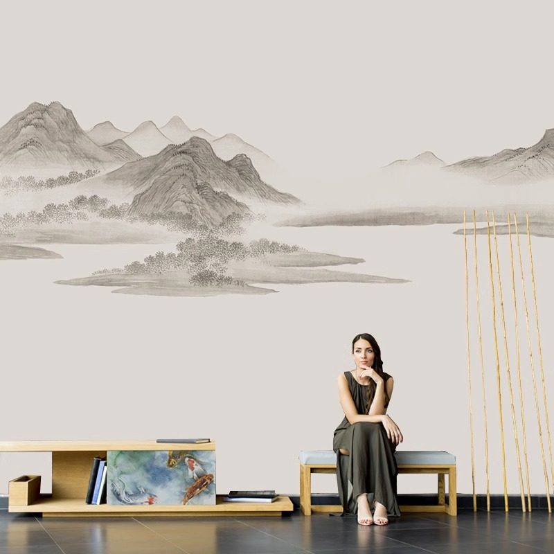 新中式水墨山水电视背景墙纸客厅沙发壁纸壁画大气茶室墙布,家装主材,定制壁画,淘宝优惠券,粉丝福利购,淘宝优惠卷