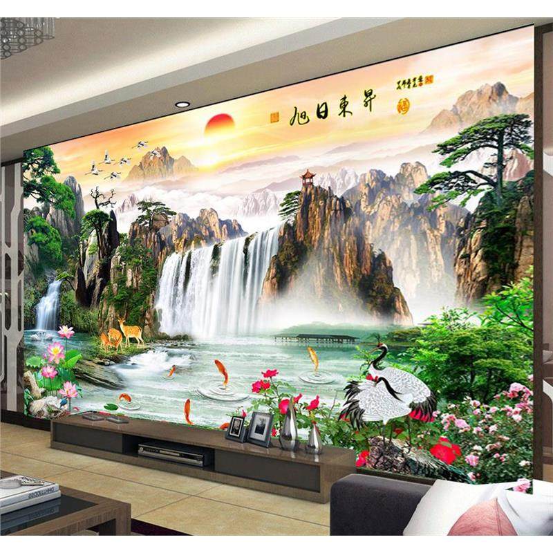 自粘中式风景装饰壁画电视背景壁纸山水画客厅影视墙纸迎客松墙布