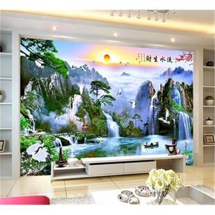 电视背景墙壁纸3D立体山水风景画墙布客厅中式 墙纸办公室招财壁画