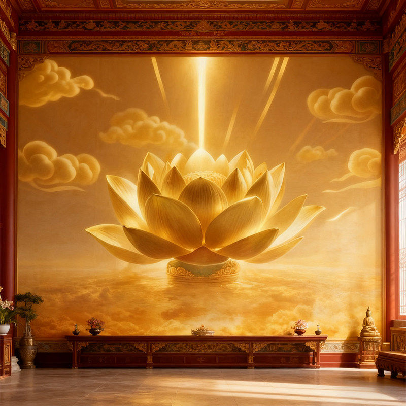 金色3D莲花荷花中式墙纸禅意背景墙大型壁画禅房寺庙佛堂壁纸定制