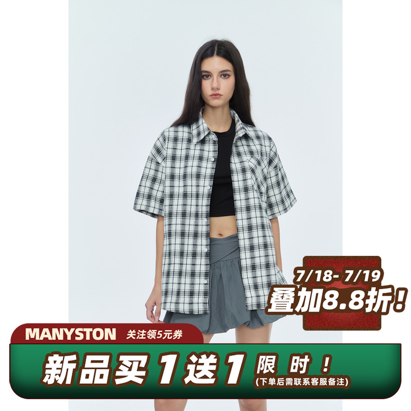 美式高街纯棉格子衬衫男款夏季