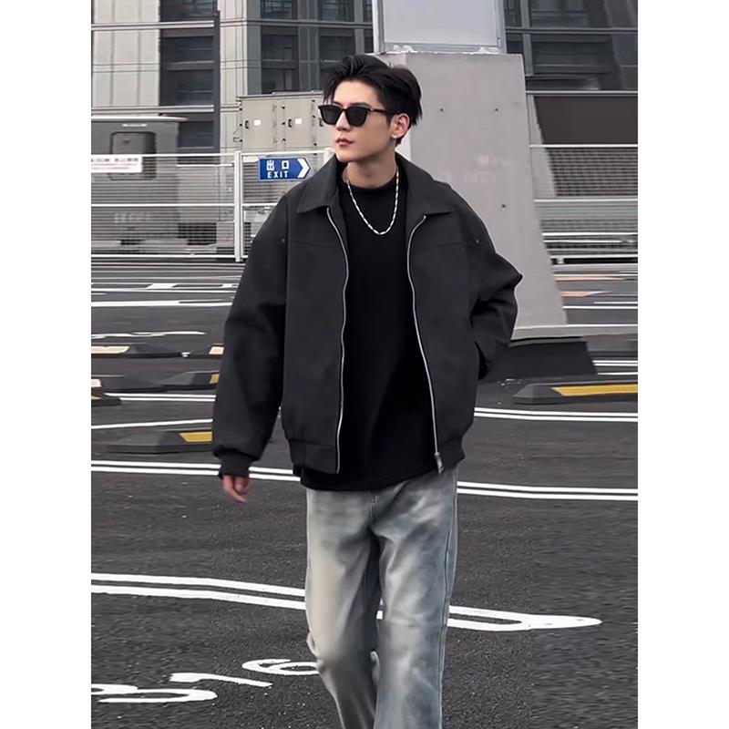 cleanfit美式皮衣外套男春秋款黑色翻领飞行夹克工装痞帅风棒球服