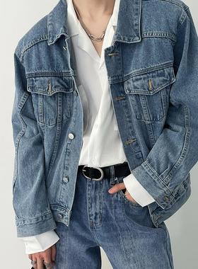 SF/春新款韩风时髦男生蓝色牛仔衣外套复古水洗短款垫肩夹克上衣