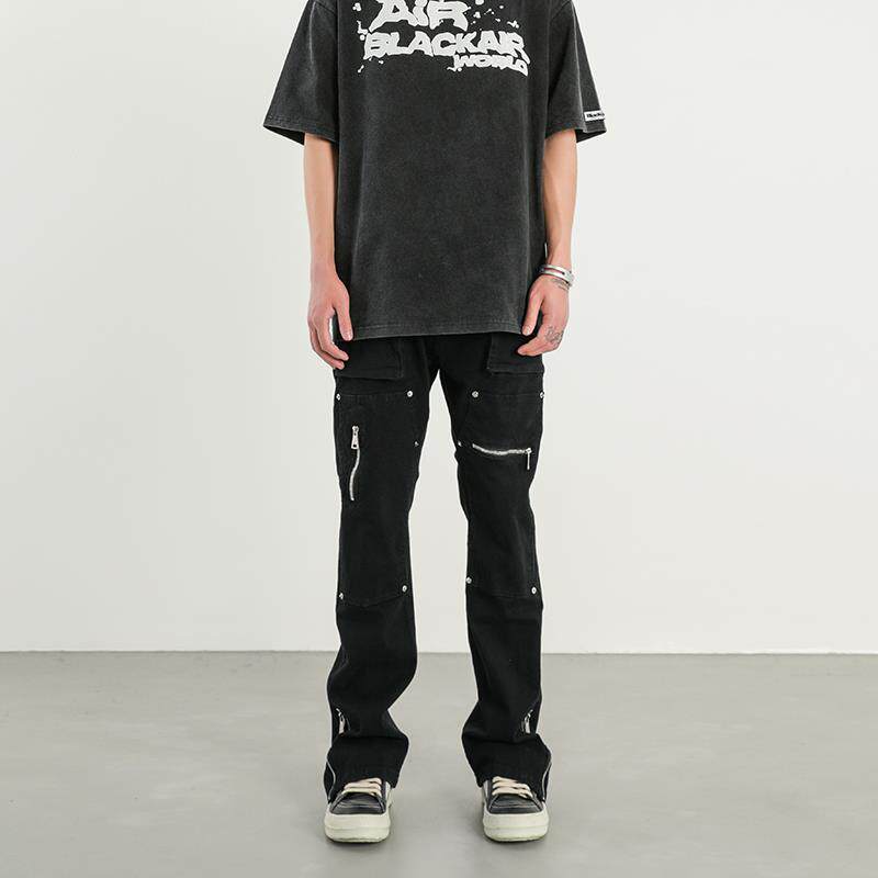 美式高街vibe风裤子男潮牌机能多口袋直筒工装拉链微喇叭牛仔裤