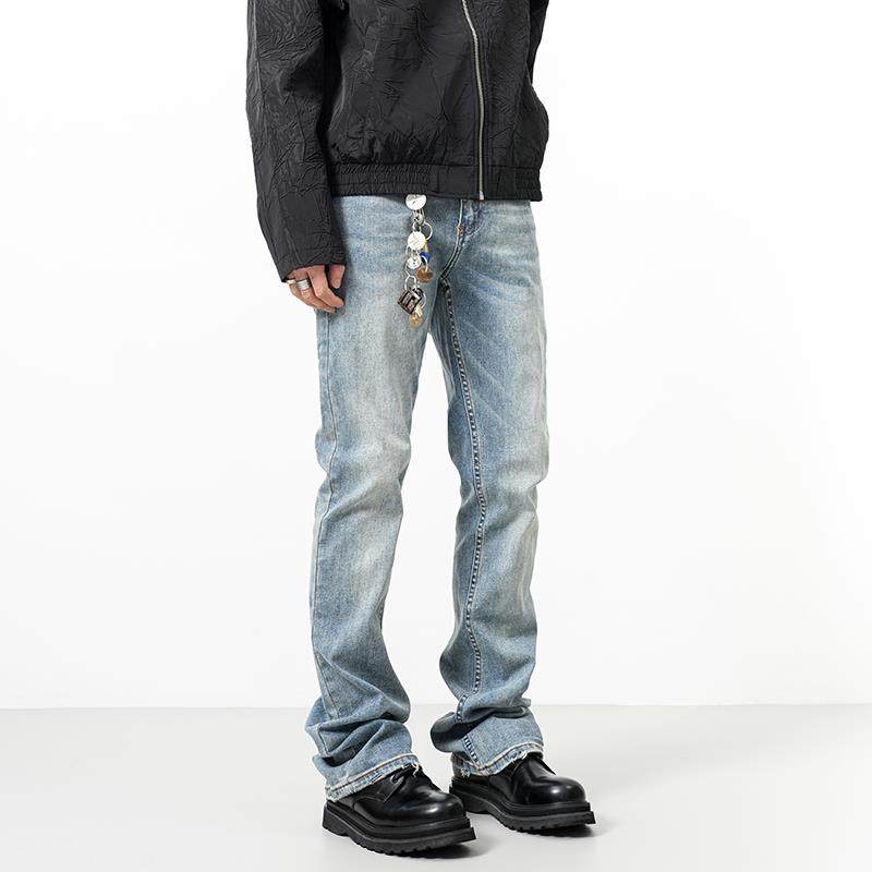 RAIN EDM美式高街水洗微喇叭牛仔裤男浅蓝色直筒休闲cleanfit裤子