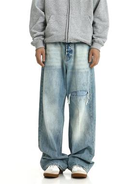 新款美式复古冰蓝色直筒牛仔裤vintage水洗磨损宽松裤子