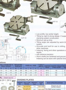 台湾鹰牌 万向倾斜分度盘可倾分度盘 回转工作台 VUT-6 VUT-10/12