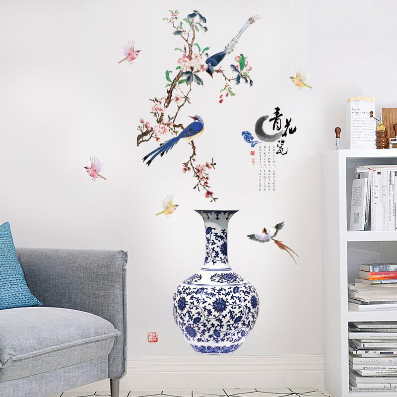 k9377青花瓷仿真花瓶新中式玄关卧室客厅餐厅电视背景装饰墙贴画图片