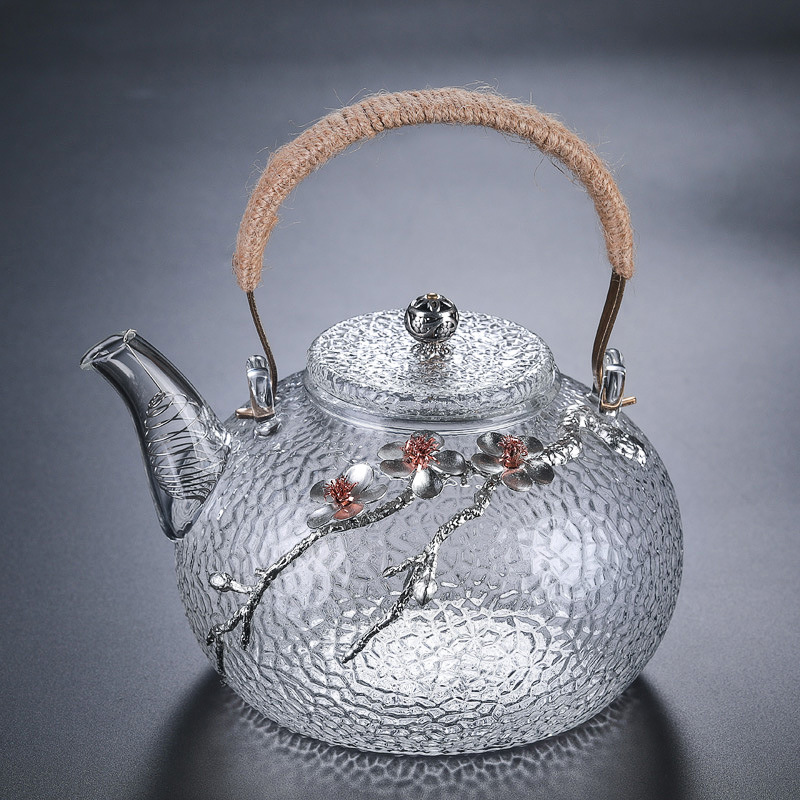围炉煮茶锤纹日式铜把提梁壶玻璃煮茶壶 高硼硅家用养生竹编