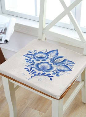 民族风青花瓷蓝色椅子垫中式加厚海绵沙发垫棉麻餐椅垫办公室坐垫