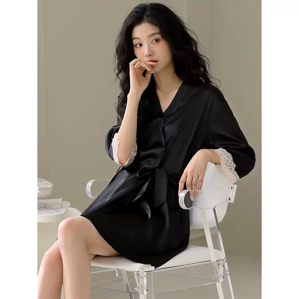 Summer thin silk bathrobe, black sexy pijama