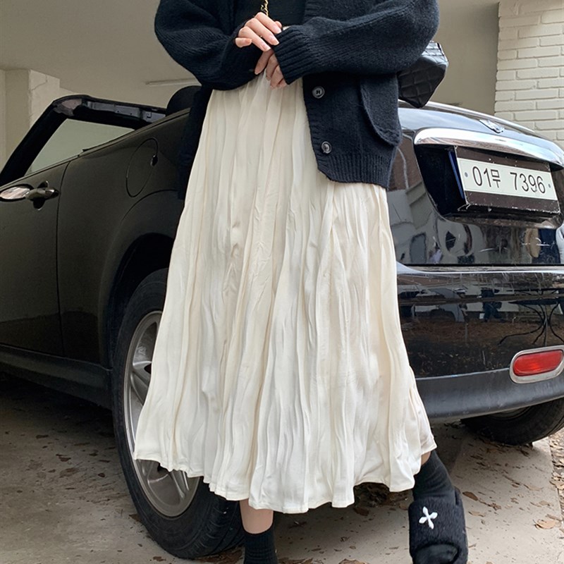速发大码杏色褶皱半身款秋字新裙高腰垂感a冬裙中长裙子