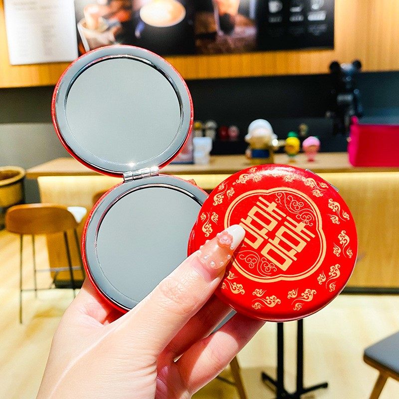 速发喜字陪嫁镜子大红色双妆小镜子婚庆用品化妆镜新娘结婚手持补