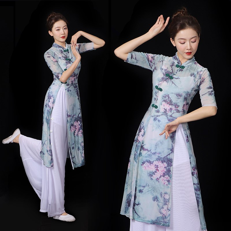 速发古典舞旗袍中国风舞台表演飘逸形体礼仪练功服身韵纱衣演出服