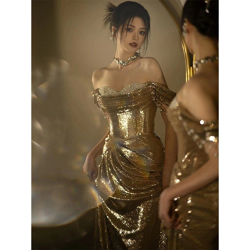 速发感色晚礼服高级金亮片主持人一字肩鱼胸敬酒服新娘抹尾裙小拖