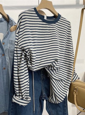 速发zdm纹码0古斤条大复0蓝色撞色细条纹宽松圆领套头长袖T恤