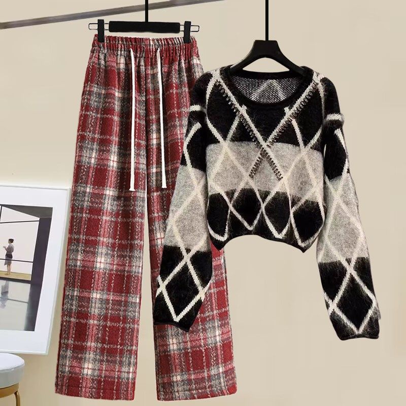 速发150套个子穿搭子整套装春装针织毛衣休闲阔腿裤一减龄两件小