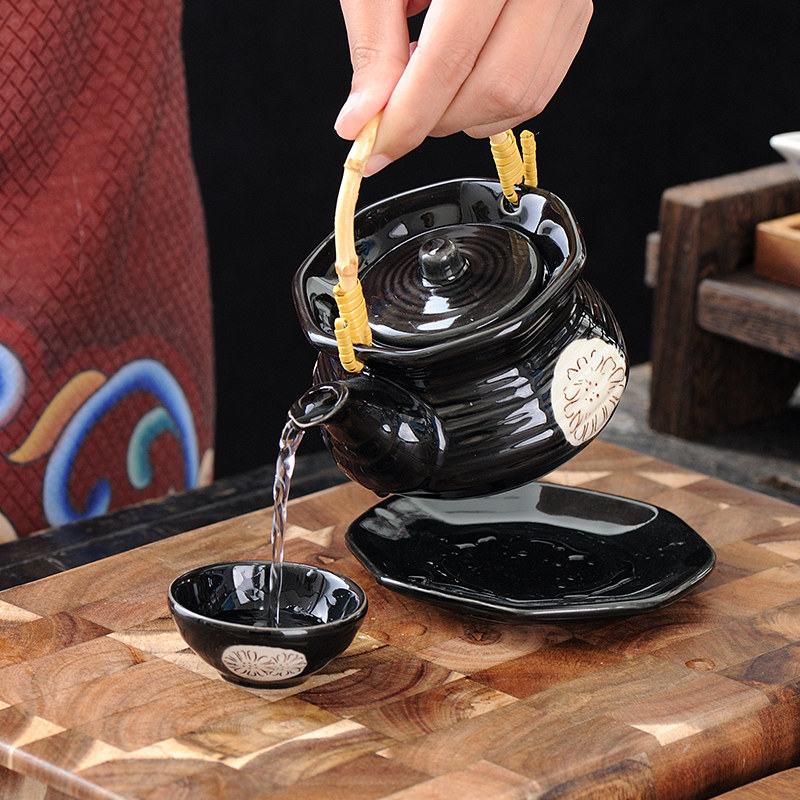 速发日式古风陶瓷一壶一杯手提壶茶杯日韩料理绿色壶小提梁茶壶黑