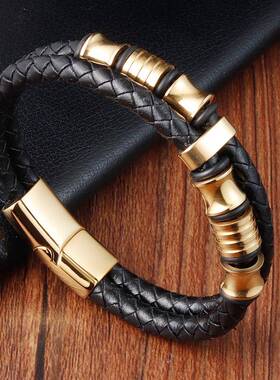 霸气黑色皮绳牛皮男士双层diy真皮编织手链手工多层潮男皮革手镯