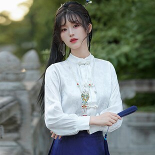 直销马面裙搭配的上衣长袖秋冬国风真丝衬衣年轻款新中式女装立领