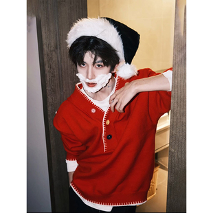 本命年红色喜庆连帽毛衣男款秋冬季圣诞跨年穿搭慵懒风针织衫外套