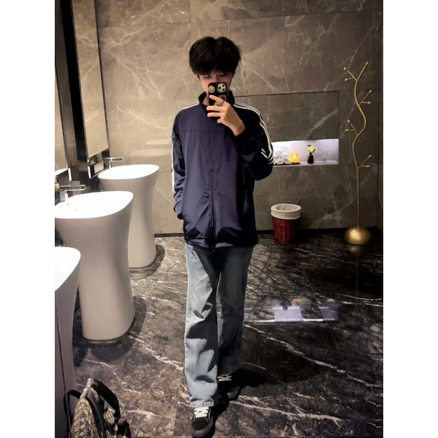 藏青三道杠立领夹克男秋季美式