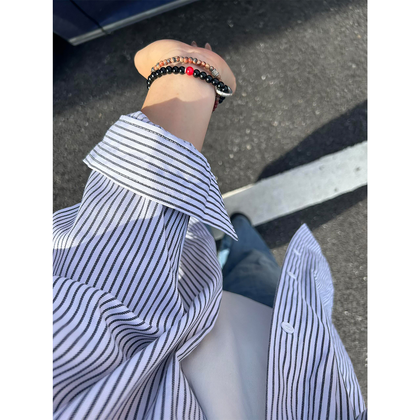 蓝白竖条纹长袖衬衫男款秋季日系学院风情侣上衣美式复古宽松衬衣