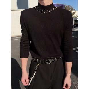 黑色垫肩半高领毛衣男款秋冬美式修身运动打底衫高级感内搭针织衫