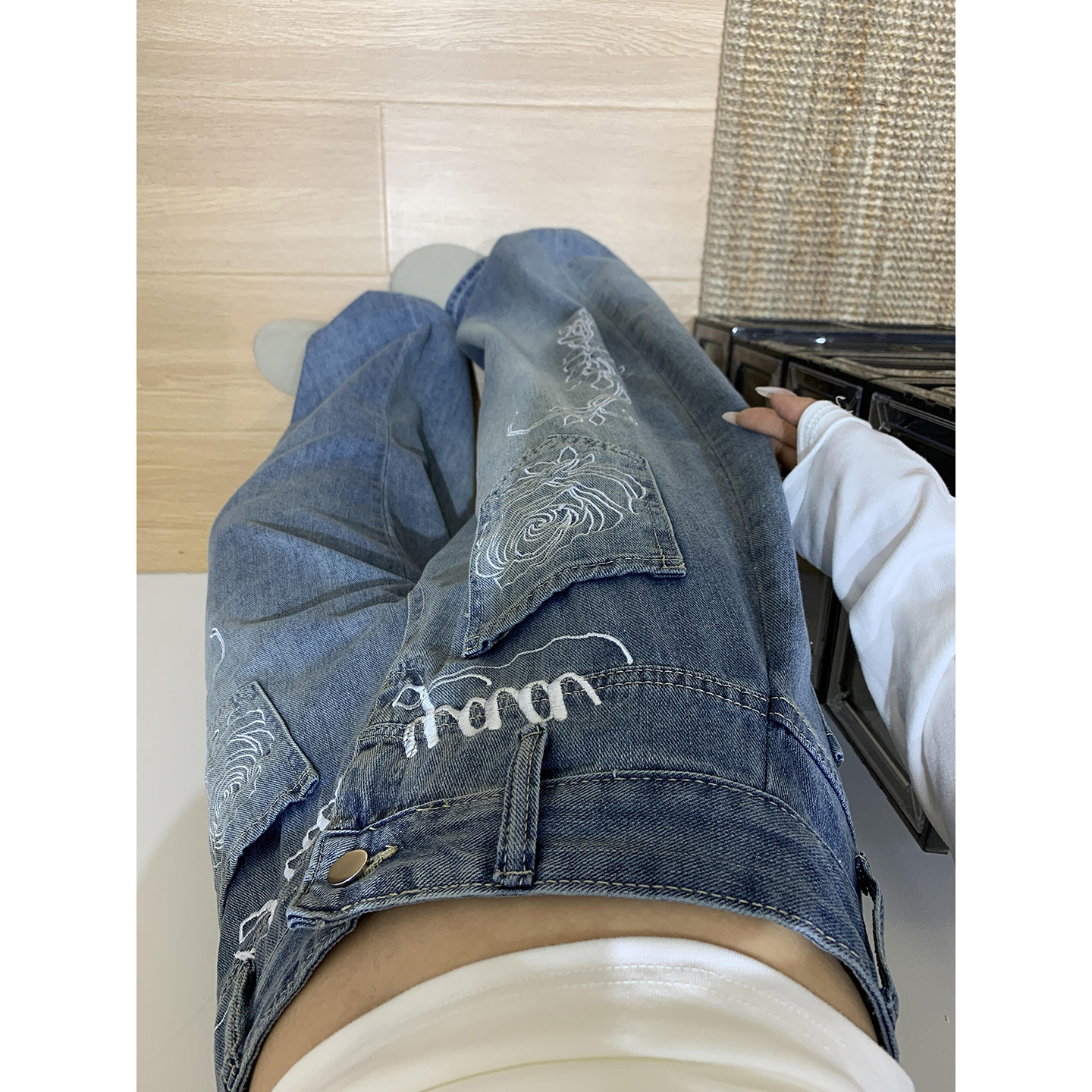 美式高街vibe裤子男款花卉字母刺